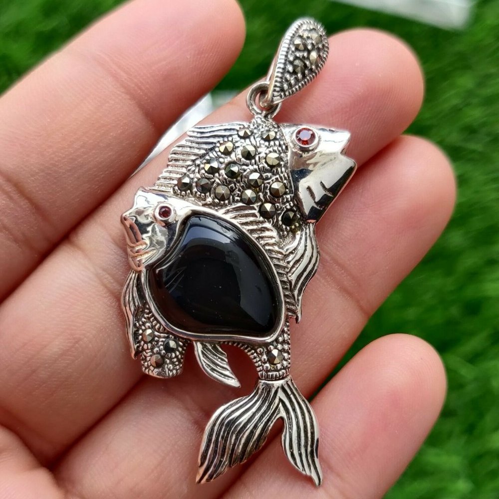 Marcasite Fish 925 Solid Sterling Silver Pendant-… - image 2